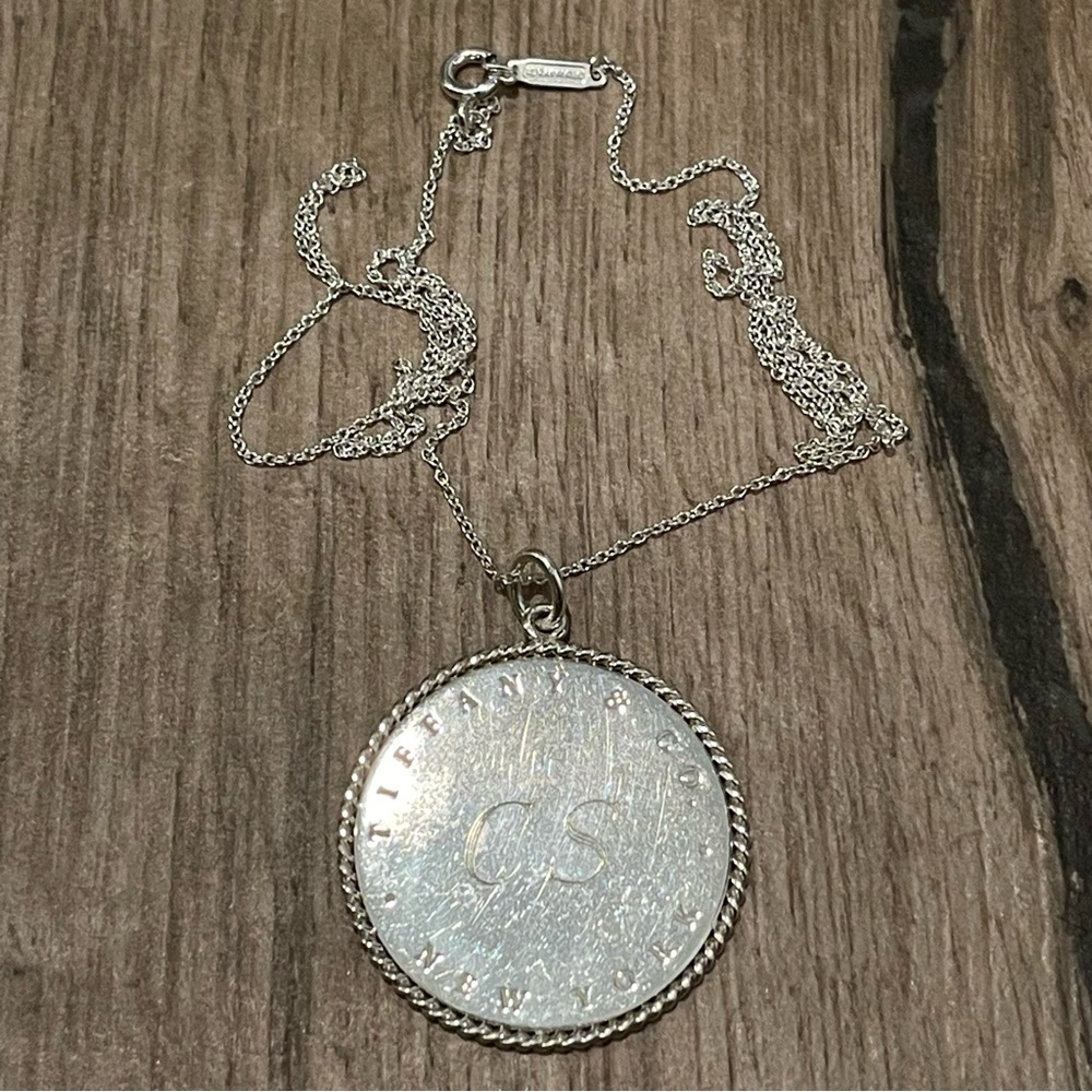 Tiffany & Co Silver New York Initials XL Large Twist Edge Circle Necklace 20”